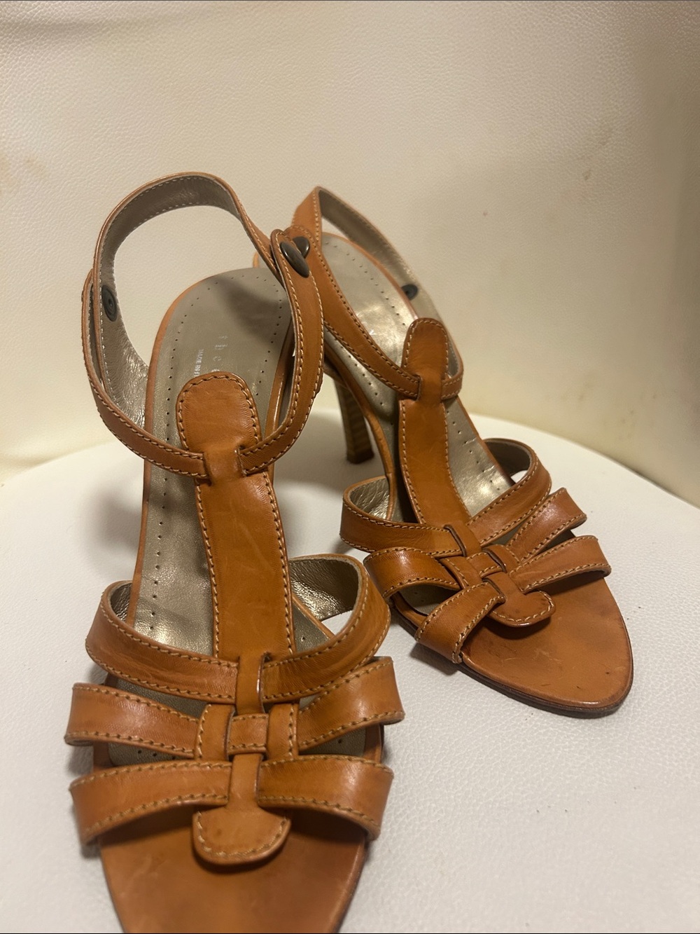 Theory Cognac Leather Strappy T‑Bar Heeled Sandals